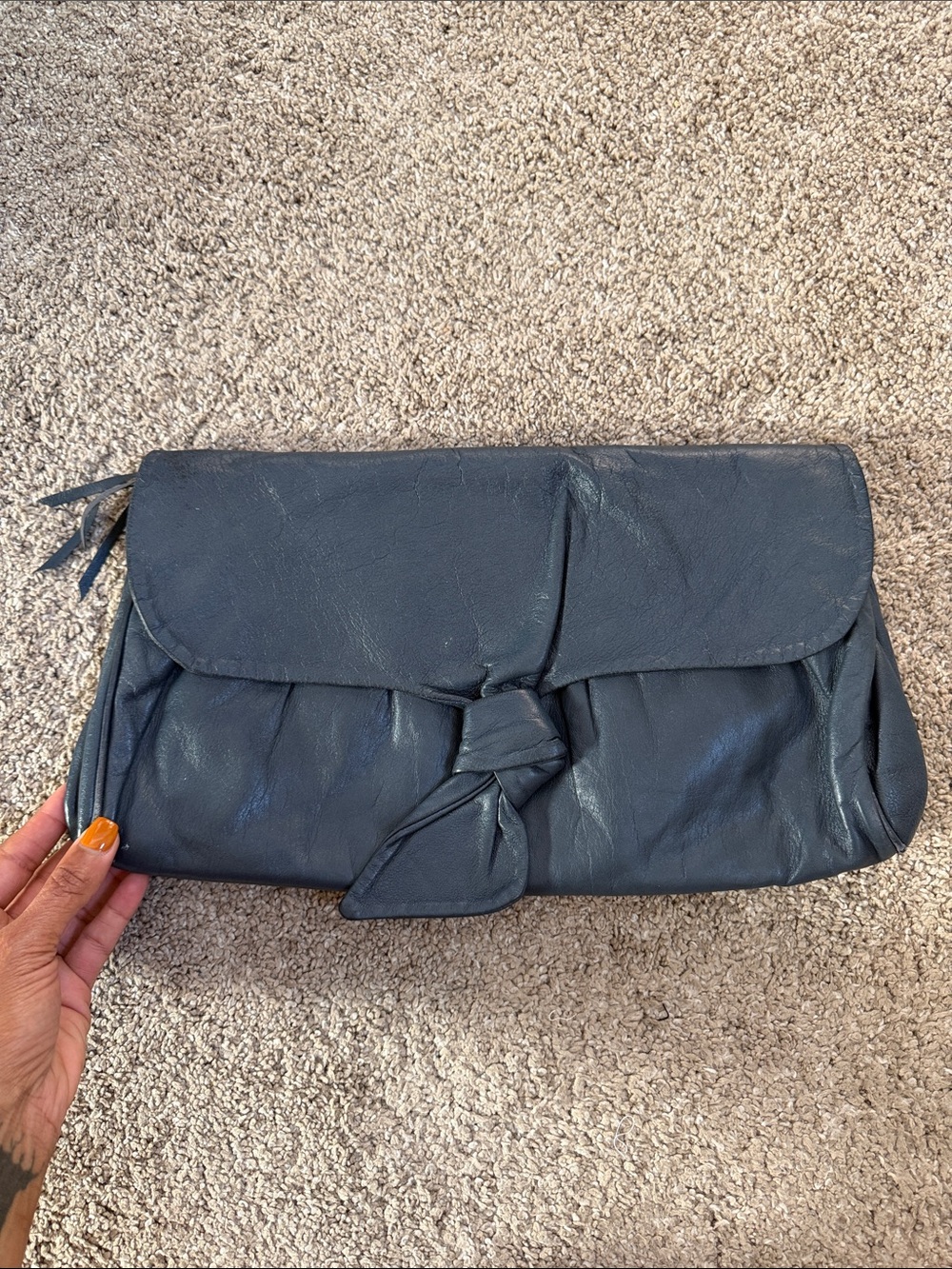 Vintage Anne Klein for Calderon Navy Soft Leather Foldover Evening Bag - Picture 9 of 16